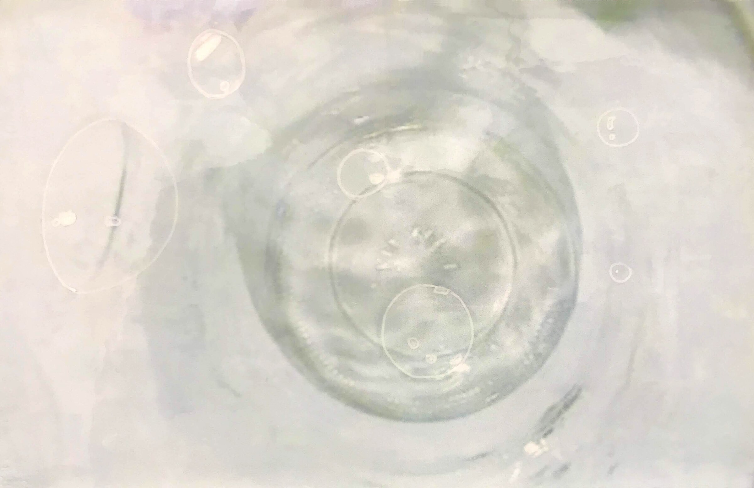 Translucent circular forms in a pale mixed-media work